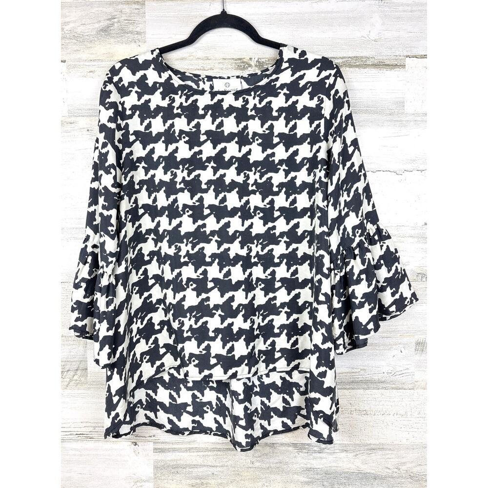 LaRoque Womens L Black Cream Houndstooth Silk Work Blouse Lightweight NEW